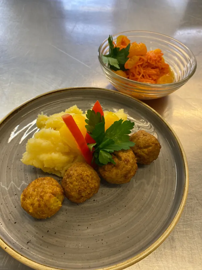 Falafel mit Kartoffelpüree und Möhrensalat